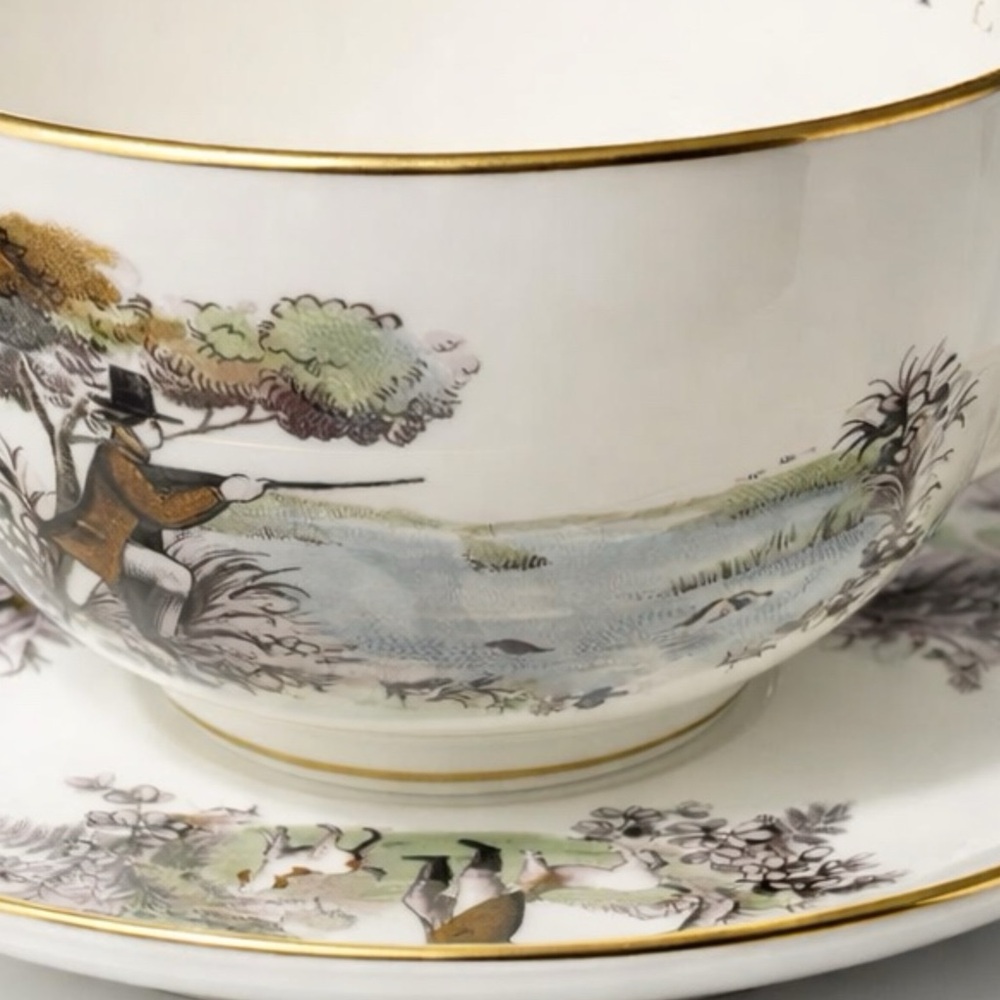 Vintage Hunting Scene Porcelain Tea Cup & Saucer with Gold Trim Fathers Day Gift